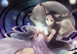 Rule 34 | 1girl, animal, armband, arms up, blue eyes, brown hair, commentary request, crystal, dress, glowing, grid background, hair spread out, high collar, highres, horns, leaning back, lips, long hair, looking down, open hands, original, oversized animal, parted lips, planet, purple dress, sheep, sitting, sleeveless, sleeveless dress, sparkle, tsuyu (gunjooo9), very long hair