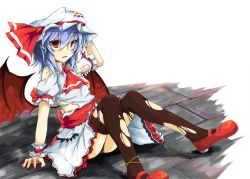 Rule 34 | 1girl, akisome hatsuka, ascot, bat wings, black panties, blue hair, female focus, fingernails, hat, hatsuka (exsilver), mary janes, nail polish, open mouth, panties, pantyshot, pointy ears, red eyes, remilia scarlet, sharp fingernails, shoes, short hair, sitting, solo, thighhighs, torn clothes, torn thighhighs, touhou, underwear, wings, wrist cuffs