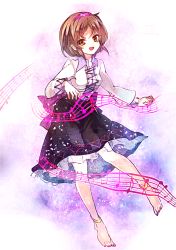Rule 34 | 1girl, anklet, bare legs, brown eyes, brown hair, cis (carcharias), dress shirt, hairband, jewelry, looking at viewer, musical note, open mouth, shirt, short hair, skirt, smile, solo, touhou, tsukumo yatsuhashi