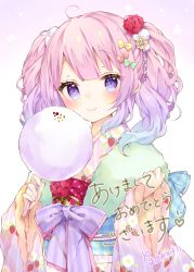 Rule 34 | 1girl, blush, bow, brown bow, closed mouth, commentary request, cotton candy, floral print, flower, food, food print, fur-trimmed sleeves, fur collar, fur trim, gradient hair, green bow, hair bow, hair flower, hair ornament, highres, holding, holding food, japanese clothes, kimono, long hair, long sleeves, looking at viewer, multicolored hair, obi, original, pink hair, pink kimono, polka dot, pom pom (clothes), print kimono, purple eyes, purple hair, red flower, red rose, rose, sash, simple background, smile, solo, strawberry print, striped clothes, striped kimono, toma tokage, twintails, vertical-striped clothes, vertical-striped kimono, white background, wide sleeves, yellow bow