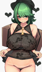 Rule 34 | 1girl, alternate breast size, armpit crease, bag, black hat, blush, breasts, cabbie hat, cowboy shot, female pubic hair, floral print, green eyes, green hair, hat, heart, heart-shaped pupils, highres, key, large areolae, large breasts, lingerie, looking at viewer, negligee, no panties, pubic hair, puffy nipples, see-through, short hair, simple background, smile, solo, standing, symbol-shaped pupils, textless version, touhou, underwear, upper body, white background, yamashiro takane, yukito (dreamrider)
