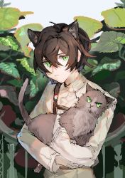 Rule 34 | 1boy, absurdres, animal, animal ears, bad id, bad pixiv id, brown hair, cat, cat ears, closed mouth, commentary request, green eyes, hair between eyes, highres, holding, holding animal, holding cat, kusariuta, leaf, long sleeves, looking at viewer, male focus, original, shirt, solo, upper body, white shirt