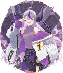 Rule 34 | 1girl, absurdres, ahoge, alternate costume, blush, braid, demon girl, demon horns, evening rabbit, fangs, grey hair, hair between eyes, highres, hololive, horns, jacket, la+ darknesss, long hair, long sleeves, looking at viewer, multicolored hair, o-ring, off shoulder, one eye closed, open mouth, purple hair, purple nails, sidelocks, skin fangs, sleeveless, smile, solo, streaked hair, striped horns, transparent background, v, v over eye, virtual youtuber, white jacket, yellow eyes