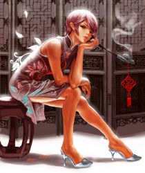 Rule 34 | 1girl, absurdres, brown eyes, china dress, chinese clothes, dress, high heels, highres, kiseru, legs, meiko (vocaloid), red hair, scrap iron, shoes, short hair, sitting, smoke, smoking pipe, solo, vocaloid