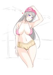 Rule 34 | 1girl, absurdres, azurcentauri, bad id, bad pixiv id, beanie, bikini, bikini top only, breasts, cameltoe, cleavage, commentary request, derivative work, grey hair, hat, heart, highres, large breasts, long hair, looking at viewer, micro shorts, mole, mole on breast, mole under eye, mountain, navel, o-ring, o-ring top, original, pink bikini, pink hat, shorts, sketch, smile, solo, swimsuit, thigh gap, very long hair