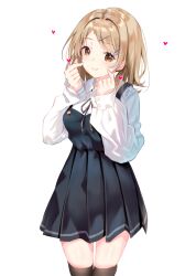 Rule 34 | 1girl, black dress, black thighhighs, blonde hair, closed mouth, dress, hairpin, hands on own cheeks, hands on own face, heart, highres, isshiki iroha, long sleeves, looking at viewer, multiple hairpins, nanashi (74 nanashi), pleated dress, shirt, simple background, smile, solo, standing, thighhighs, white background, white shirt, yahari ore no seishun lovecome wa machigatteiru., yellow eyes