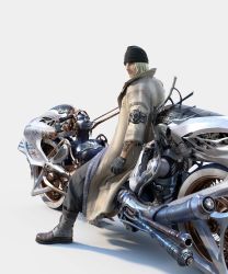 Rule 34 | 10s, 1boy, 3d, absurdres, bicycle, blonde hair, boots, coat, facial hair, final fantasy, final fantasy xiii, gloves, highres, looking back, male focus, motor vehicle, motorcycle, nix, official art, shiva (final fantasy), shiva sisters, sitting, snow villiers, solo, stiria, stubble, tattoo, trench coat, vehicle, white background