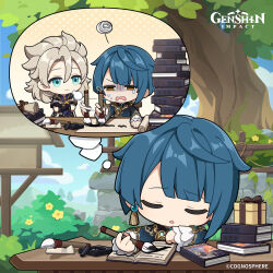 Rule 34 | 2boys, absurdres, afterimage, albedo (genshin impact), aqua eyes, blue hair, book, book stack, box, brown eyes, calligraphy brush, chibi, chinese clothes, closed eyes, commentary, copyright name, crossed arms, day, earrings, english commentary, frown, genshin impact, gift, gift box, hair between eyes, half-closed eyes, highres, holding, jewelry, long sleeves, male focus, multiple boys, official art, paintbrush, scroll, tassel, tassel earrings, tree, v-shaped eyebrows, xingqiu (genshin impact)