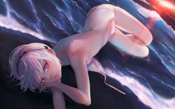 Rule 34 | 1girl, altera (fate), beach, bikini, breasts, facial mark, fate/grand order, fate (series), licking lips, looking at viewer, lying, nekobell, on side, outdoors, pink eyes, short hair, sideboob, silver hair, small breasts, solo, swimsuit, tongue, tongue out, untied bikini, white bikini