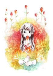 Rule 34 | 1girl, bad id, bad twitter id, black eyes, blending, brown hair, covered mouth, flower, flower over mouth, highres, holding, holding flower, kamura gimi, leaf, long hair, looking at viewer, original, red flower, red rose, rose, signature, solo, swept bangs, upper body