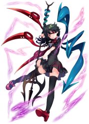 Rule 34 | 1girl, abusoru, asymmetrical wings, black dress, black hair, black thighhighs, bow, bowtie, breasts, dress, electricity, footwear bow, full body, high heels, highres, holding, holding weapon, houjuu nue, looking at viewer, medium breasts, pointy ears, polearm, red bow, red bowtie, red eyes, red footwear, shoes, short dress, short sleeves, snake, solo, thighhighs, touhou, trident, weapon, wings, wrist cuffs