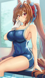Rule 34 | 1girl, :o, animal ears, antenna hair, bare arms, bare shoulders, blue gemstone, blue one-piece swimsuit, blurry, blush, bow, breasts, brown hair, cleavage, collarbone, competition school swimsuit, competition swimsuit, covered navel, daiwa scarlet (umamusume), depth of field, drying, from side, gem, hair between eyes, hair bow, hair intakes, highres, horse ears, horse girl, horse tail, large breasts, long hair, looking at viewer, murousaisei123, one-piece swimsuit, open mouth, pool, red bow, red eyes, revision, school swimsuit, scowl, sitting, skin tight, soaking feet, solo, swimsuit, tail, thighs, tiara, towel, twintails, umamusume, very long hair, wet