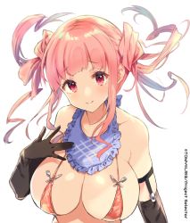 Rule 34 | 10s, 1girl, bikini, black gloves, blunt bangs, blush, breasts, character request, collarbone, elbow gloves, gloves, harunoibuki, large breasts, long hair, looking at viewer, pink eyes, pink hair, red bikini, simple background, smile, solo, swimsuit, wixoss