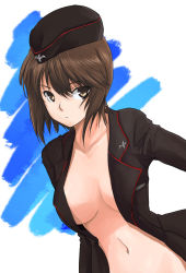 Rule 34 | 1girl, black hat, breasts, brown eyes, brown hair, closed mouth, commentary request, frown, garrison cap, girls und panzer, hat, insignia, jacket, jas (kda10457), kuromorimine military uniform, large breasts, leaning forward, long sleeves, looking at viewer, military, military hat, military uniform, navel, nishizumi maho, no shirt, open clothes, open jacket, partial commentary, short hair, solo, standing, uniform, upper body