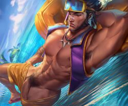 Rule 34 | 1boy, abs, absurdres, armpit hair, armpits, artist name, bandaid, bandaid on face, bandaid on nose, bara, bich hoan, black hair, closed eyes, cloud, day, erection, facial hair, flip-flops, goggles, goggles on head, highres, jarvan iv (league of legends), jewelry, large pectorals, league of legends, lying, male focus, male pubic hair, male swimwear, male swimwear pull, muscular, muscular male, navel, necklace, nipples, official alternate costume, on back, outdoors, pectorals, penis, pool party jarvan iv, pubic hair, purple vest, sandals, short hair, sky, solo, vest, water, yellow male swimwear