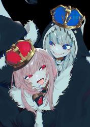 Rule 34 | 2girls, animal hood, blue cloak, blue eyes, blue hair, blue nails, cloak, commentary, crown, fur-trimmed cloak, fur trim, gawr gura, hand on another&#039;s face, highres, hololive, hololive english, hood, hood up, king (vocaloid), long hair, looking at another, mori calliope, multicolored hair, multiple girls, nail polish, open mouth, pink hair, red eyes, shark hood, sharp teeth, silver hair, smile, streaked hair, teeth, tongue, tongue out, virtual youtuber, vocaloid, wowari-c.