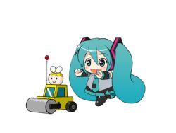 Rule 34 | :d, animated, animated gif, antennae, aqua eyes, aqua hair, chibi, detached sleeves, hatsune miku, kagamine rin, long hair, mameshiba (pixiv 59310), necktie, open mouth, simple background, skirt, smile, sparkle, steamroller, toy, twintails, very long hair, vocaloid, walking
