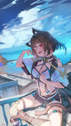 Rule 34 | 1girl, animal ear fluff, animal ears, bell, bird, breasts, cat ears, cat tail, cleavage, collar, hair between eyes, highres, ocean, one eye closed, original, purple hair, railing, rooftop, saraki, short shorts, shorts, solo, striped clothes, striped thighhighs, sweat, tail, thigh strap, thighhighs, thighs