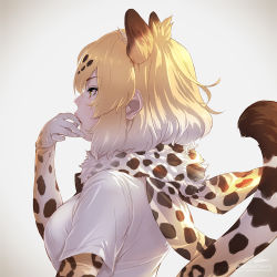 Rule 34 | 1girl, animal ears, animal print, blonde hair, elbow gloves, extra ears, from side, fur scarf, gloves, gradient background, grey background, hand on own chin, hand up, jaguar (kemono friends), jaguar ears, jaguar print, jaguar tail, kemono friends, lips, looking afar, multicolored hair, print gloves, print neckwear, profile, scarf, shirt, short hair, sidelocks, signature, simple background, solo, tail, takami masahiro, thinking, two-tone hair, watermark, web address, white hair, white shirt, yellow eyes