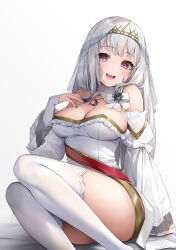 Rule 34 | 1girl, :d, absurdres, arm support, bare shoulders, black nails, blush, braid, breasts, cleavage, commission, crescent, crescent necklace, detached collar, detached sleeves, hand on own chest, highres, hoshizuki lunna, indie virtual youtuber, izumi kei, jewelry, large breasts, layered sleeves, leotard, long hair, looking at viewer, mole, mole under eye, necklace, open mouth, purple eyes, simple background, sitting, skeb commission, smile, solo, strapless, strapless leotard, thighhighs, tiara, virtual youtuber, white background, white hair, white leotard, white thighhighs