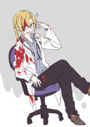 Rule 34 | 1boy, abel (shiro seijo to kuro bokushi), black-framed eyewear, black pants, blonde hair, blood, blood on clothes, blue eyes, brown footwear, chair, collared shirt, crossed legs, dress shirt, feet out of frame, glasses, grey background, grey shirt, hair between eyes, hand up, kazutake hazano, lab coat, long hair, long sleeves, looking at viewer, male focus, office chair, on chair, open clothes, orange socks, pants, parted lips, ponytail, semi-rimless eyewear, shiro seijo to kuro bokushi, shirt, shoes, sidelocks, smile, socks, solo, sparkle, stethoscope, swivel chair, two-tone background, under-rim eyewear, v-shaped eyebrows, white background