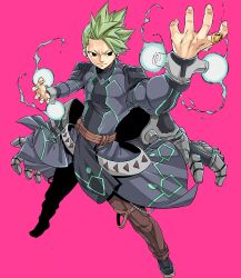 Rule 34 | 1boy, belt, black eyes, brown belt, brown pants, coat, full body, gate of nightmares, green hair, grey coat, highres, jackson (gate of nightmares), jewelry, long coat, looking at viewer, magic, mashima hiro, official art, pants, ring, shoes, short hair, simple background, solo, spiked hair, transparent background