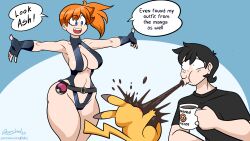 Rule 34 | 1boy, 1girl, 2023, absurdres, animal ears, artist name, ash ketchum, ass, asymmetrical hair, bare legs, bare shoulders, belt, blue eyes, blush, breasts, cleavage, coffee, coffee cup, covered erect nipples, cowboy shot, creatures (company), cup, curvy, dahs, dated, disposable cup, english text, fingerless gloves, game freak, gen 1 pokemon, gloves, gunshad, gym leader, hair bun, hair tie, halterneck, hetero, highleg, highleg swimsuit, highres, holding, holding cup, large breasts, long hair, looking at another, misty (pokemon), navel, nintendo, one-piece swimsuit, one eye closed, open mouth, orange hair, pikachu, poke ball, poke ball (basic), poke ball symbol, pokemon, pokemon: the electric tale of pikachu, ponytail, shiny clothes, shiny skin, short hair, side ponytail, simple background, slingshot swimsuit, swimsuit, tail, thighs, turtleneck, wide hips