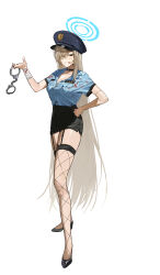 Rule 34 | 1girl, absurdres, asuna (blue archive), blonde hair, blood, blood on clothes, blood on face, blue archive, blue shirt, breasts, cleavage, cuffs, fishnet thighhighs, fishnets, garter straps, halloween costume, halo, handcuffs, hat, highres, kosubi (tsuneta328), large breasts, long hair, pencil skirt, police, police hat, police uniform, policewoman, shirt, short sleeves, skirt, thighhighs, uniform, very long hair