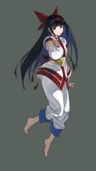 Rule 34 | 1girl, ainu clothes, barefoot, black hair, breasts, brown eyes, feet, fingerless gloves, gloves, hair ribbon, highres, legs, long hair, looking at viewer, nakoruru, pants, ribbon, samurai spirits, small breasts, smile, snk, solo, the king of fighters, thighs, weapon