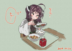 Rule 34 | 1girl, ahoge, blush, bowl, brown eyes, brown hair, chopsticks, closed mouth, dated, food, food request, green background, headgear, holding, holding chopsticks, holding plate, japanese clothes, kimono, lamb (hitsujiniku), long sleeves, plate, rice, rice bowl, simple background, solo, table, touhoku kiritan, translation request, twintails, voiceroid, white kimono, wide sleeves