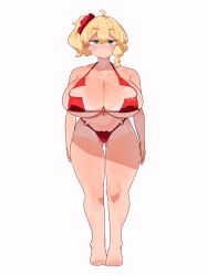 Rule 34 | 1girl, ahoge, arms at sides, bare arms, bare legs, barefoot, bikini, blonde hair, blue eyes, breasts, cleavage, closed mouth, commentary, english commentary, expressionless, florida-chan (ryusei hashida), florida bikini, full body, gluteal fold, groin, hair between eyes, hair ornament, hair scrunchie, highres, huge breasts, looking at viewer, mixed-language commentary, navel, original, red bikini, red scrunchie, revealing clothes, ryusei hashida, scrunchie, side ponytail, simple background, single sidelock, solo, standing, straight-on, swimsuit, tachi-e, tan, tanline, white background