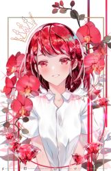 Rule 34 | 1other, androgynous, blush, collared shirt, colored eyelashes, crown, crystal, diamond (gemstone), flower, highres, houseki no kuni, looking at viewer, outside border, quiss, red diamond (houseki no kuni), red eyes, red flower, red hair, shirt, short sleeves, smile, solo, upper body, watermark, web address, white background, white shirt
