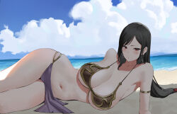 Rule 34 | 1girl, :o, armlet, beach, bikini, black hair, blue sky, blush, breasts, cloud, commission, cosplay, day, fendai, final fantasy, final fantasy vii, final fantasy vii remake, highres, large breasts, long hair, looking at viewer, low-tied long hair, lying, navel, ocean, on side, outdoors, parted lips, pelvic curtain, pixiv commission, princess leia organa solo, princess leia organa solo (cosplay), red eyes, sky, solo, star wars, star wars: return of the jedi, stomach, swimsuit, thighs, tifa lockhart, wide hips