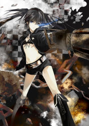 Rule 34 | 10s, 1girl, absurdres, arm cannon, bad id, bad pixiv id, belt, bikini, black hair, black rock shooter, black rock shooter (character), blue eyes, boots, chain, checkered background, female focus, glowing, glowing eyes, highres, huge weapon, knee boots, long hair, motion blur, nagata ozu, navel, pale skin, scar, shorts, solo, star (symbol), swimsuit, twintails, weapon