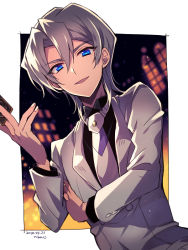 Rule 34 | 1boy, :d, bishounen, black shirt, blue eyes, border, card, dutch angle, edo phoenix, hair between eyes, holding, holding card, jacket, long sleeves, looking at viewer, male focus, mikami (mkm0v0), necktie, open mouth, outside border, shirt, silver hair, smile, solo, white border, white jacket, white necktie, yu-gi-oh!, yu-gi-oh! gx