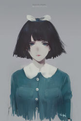 Rule 34 | 1girl, absurdres, aoi ogata, artist name, black hair, blue eyes, blue shirt, bow, closed mouth, collared shirt, commentary, copyright name, expressionless, grey background, hair bow, highres, looking at viewer, pale skin, peter pan collar, pink lips, quintuplets (southpark), shirt, short hair, signature, solo, south park, upper body, white bow