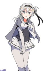 Rule 34 | 1girl, absurdres, black headband, bodysuit, bodysuit under clothes, dated, elbow gloves, feet out of frame, gloves, grey corset, grey eyes, grey hair, grey jacket, hair between eyes, headband, highres, jacket, jacket on shoulders, kantai collection, long hair, looking at viewer, neckerchief, one side up, pantyhose, robinson (day l full), simple background, skirt, solo, standing, suzutsuki (kancolle), white background, white bodysuit, white gloves, white neckerchief, white pantyhose, white skirt