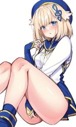 Rule 34 | 1girl, ass, beret, blonde hair, blue eyes, blush, breasts, copyright request, dress, hair ornament, hat, highres, long sleeves, looking at viewer, medium breasts, nanami neru, open mouth, sailor collar, short hair, simple background, sitting, skirt, sleeves past wrists, solo, thighs, white background
