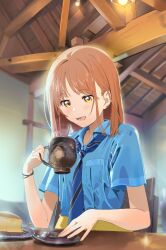 Rule 34 | 1girl, blue necktie, blue shirt, breast pocket, cafe, cake, clothes around waist, collared shirt, commentary request, cup, food, fork, highres, holding, holding cup, jacket, jacket around waist, light blush, mole, mole under mouth, necktie, open mouth, orange hair, original, plate, pocket, poligon (046), restaurant, shirt, short sleeves, sitting, smile, solo, spoon, steam, summer uniform, teeth, tongue, uniform, yellow eyes, yellow jacket
