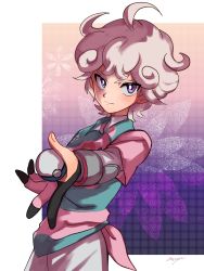 Rule 34 | 1boy, absurdres, ahoge, amayu (amaamailust), bede (pokemon), closed mouth, collared shirt, commentary request, creatures (company), curly hair, dynamax band, game freak, gloves, great ball, grey hair, highres, holding, holding poke ball, looking at viewer, male focus, nintendo, partially fingerless gloves, pink shirt, poke ball, pokemon, pokemon swsh, purple eyes, shirt, short hair, short sleeves, shorts, signature, solo, tied shirt, undershirt