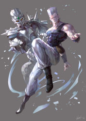 Rule 34 | blue eyes, boots, dated, earrings, grey hair, highres, jean pierre polnareff, jewelry, jojo no kimyou na bouken, kim yura (goddess mechanic), muscular, pointing, pointing at viewer, signature, silver chariot, simple background, stand (jojo), wristband