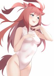 Rule 34 | 1girl, agnes digital (umamusume), animal ears, bare shoulders, blue eyes, blush, bow, breasts, commentary request, covered navel, cowboy shot, ear ornament, hair bow, hand on own chest, highleg, highleg swimsuit, highres, horse ears, horse girl, horse tail, long hair, medium breasts, miya star saa, one-piece swimsuit, open mouth, pink hair, red bow, simple background, solo, swimsuit, tail, umamusume, wavy mouth, white background, white one-piece swimsuit