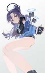 Rule 34 | 1girl, ass, black buruma, black shirt, blue archive, blue jacket, breasts, buruma, commentary request, drone, feet out of frame, gradient background, halo, highres, id card, jacket, lanyard, long hair, long sleeves, mechanical halo, medium breasts, official alternate costume, omurice (304975636), open clothes, open jacket, ponytail, purple eyes, purple hair, shirt, solo, yuuka (blue archive), yuuka (track) (blue archive)
