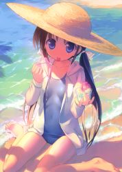 Rule 34 | 1girl, absurdres, barefoot, beach, black hair, blue eyes, blue one-piece swimsuit, collarbone, feet, food, hat, highres, holding, holding spoon, hood, hoodie, long hair, mouth hold, one-piece swimsuit, open clothes, open hoodie, original, scan, school swimsuit, shaved ice, sitting, solo, spoon, sun hat, swimsuit, swimsuit under clothes, takoyaki (roast), tongue, tongue out, twintails, wariza