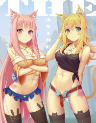 Rule 34 | 2girls, :o, absurdres, animal ears, belt, black legwear, blonde hair, blush, breasts, cameltoe, cat ears, cat tail, cleavage, cleft of venus, covered erect nipples, crossed arms, cutoffs, green eyes, highres, jewelry, large breasts, long hair, midriff, multiple girls, navel, necklace, no panties, open belt, open fly, original, pink hair, purple eyes, pussy, pussy peek, shiny skin, shirt, short shorts, shorts, skindentation, smile, sonikey0 0, tail, tattoo, thighhighs, tied shirt