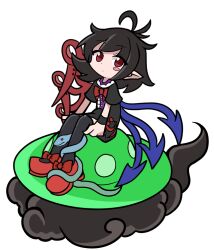 Rule 34 | 1girl, asymmetrical wings, black dress, black hair, black thighhighs, blue wings, blush stickers, bow, bowtie, center frills, closed mouth, dress, footwear bow, frills, full body, houjuu nue, medium hair, messy hair, parody, pointy ears, puyopuyo, red bow, red bowtie, red eyes, red footwear, red wings, shinmon akika, short sleeves, simple background, solo, style parody, thighhighs, touhou, ufo, white background, wings