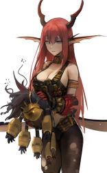 Rule 34 | 1girl, absurdres, animal, animal ears, bad id, bad twitter id, bare shoulders, breasts, chaos (dungeon and fighter), cleavage, dokshuri, dungeon and fighter, gloves, hair between eyes, highres, horns, knight (dungeon and fighter), long hair, original, purple eyes, red hair, simple background, solo, torn clothes, white background