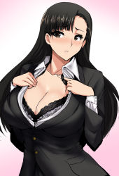 Rule 34 | 10s, 1girl, asymmetrical bangs, black hair, black jacket, blush, bra, breasts, brown eyes, cleavage, closed mouth, clothes pull, dress shirt, frown, girls und panzer, hifumi hajime, highres, jacket, lace, lace-trimmed bra, lace trim, large breasts, long hair, nishi kinuyo, pink background, shirt, shirt pull, solo, underwear, upper body, white background, white bra, white shirt, wing collar