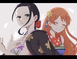 Rule 34 | 2girls, ^ ^, black hair, blue eyes, closed eyes, commentary request, crossed arms, floral print, flower, hair ornament, hair ribbon, haori, highres, japanese clothes, kimono, letterboxed, long hair, looking at viewer, low ponytail, multiple girls, nami (one piece), nico robin, one piece, orange hair, petals, ponytail, red kimono, ribbon, sa wint, sidelocks, sleeveless, sleeveless kimono, smile