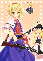 Rule 34 | !?, 2girls, ^^^, alice margatroid, black headwear, black skirt, black vest, blonde hair, blood, blood drip, blood on hands, bloody knife, blue dress, blush, brown eyes, buttons, capelet, closed mouth, collared capelet, commentary request, cookie (touhou), doll, dress, explosive, feet out of frame, frilled hairband, frilled sash, frilled skirt, frilled sleeves, frills, gun, hairband, hat, heart, highres, hinase (cookie), holding, holding knife, kirisame marisa, knife, long hair, looking at viewer, machete, mine (weapon), multiple girls, necktie, open mouth, ppsh-41, puffy short sleeves, puffy sleeves, red hairband, red necktie, red sash, sash, shanghai doll, shirt, short hair, short sleeves, skirt, sleeveless, sleeveless dress, smile, submachine gun, szk, touhou, uzuki (cookie), vest, weapon, white capelet, white shirt, wiping, witch hat, yellow background